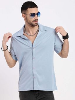 SHOWOFF - Mens Blue Cuban Collar Relaxed Fit Stripes Shirt