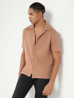 SHOWOFF - Mens Camel Brown Cuban Collar Relaxed Fit Stripes Shirt