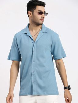 SHOWOFF - Mens Blue Cuban Collar Relaxed Fit Solid Shirt