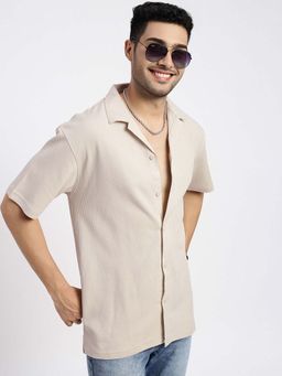 SHOWOFF - Mens Cream Cuban Collar Relaxed Fit Solid Shirt