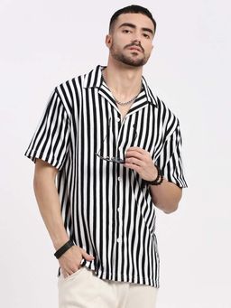 SHOWOFF - Mens Black Cuban Collar Relaxed Fit Striped Shirt