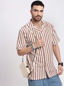 SHOWOFF - Mens Brown Cuban Collar Relaxed Fit Striped Shirt