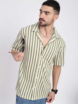 SHOWOFF - Mens Olive Cuban Collar Relaxed Fit Striped Shirt