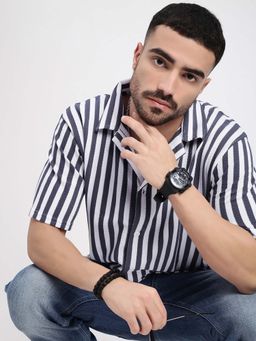 SHOWOFF - Mens Grey Cuban Collar Relaxed Fit Striped Shirt