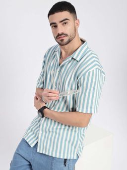 SHOWOFF - Mens Blue Cuban Collar Relaxed Fit Striped Shirt
