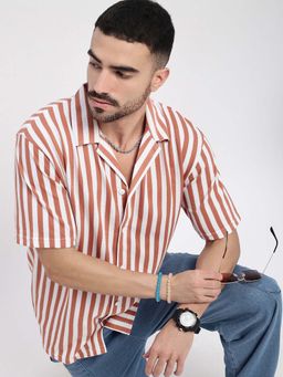SHOWOFF - Mens Orange Cuban Collar Relaxed Fit Striped Shirt