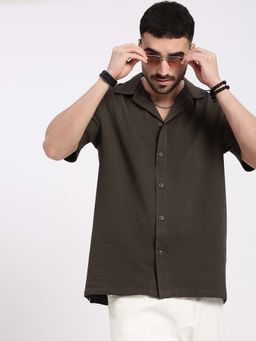 SHOWOFF - Mens Brown Cuban Collar Relaxed Fit Textured Shirt