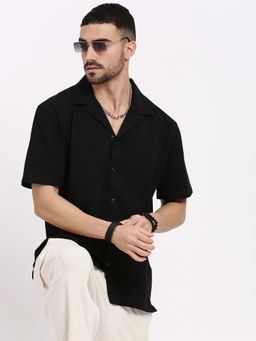 SHOWOFF - Mens Black Cuban Collar Relaxed Fit Textured Shirt
