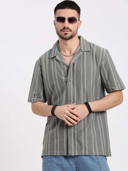 SHOWOFF - Mens Grey Cuban Collar Relaxed Fit Striped Shirt