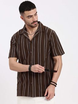 SHOWOFF - Mens Brown Cuban Collar Relaxed Fit Striped Shirt