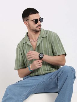 SHOWOFF - Mens Green Cuban Collar Relaxed Fit Striped Shirt