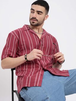 SHOWOFF - Mens Pink Cuban Collar Relaxed Fit Striped Shirt