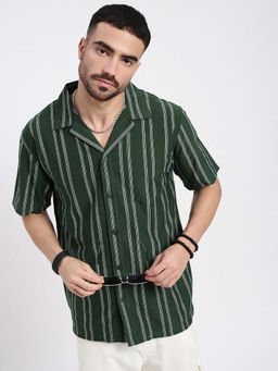 SHOWOFF - Mens Green Cuban Collar Relaxed Fit Striped Shirt