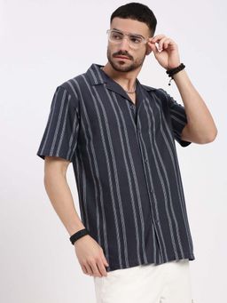 SHOWOFF - Mens Grey Cuban Collar Relaxed Fit Striped Shirt