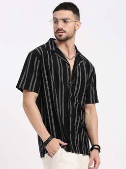 SHOWOFFFF - Mens Black Cuban Collar Relaxed Fit Striped Shirt