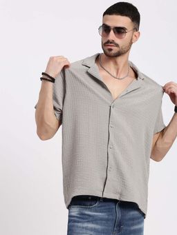 SHOWOFFFF - Mens Grey Cuban Collar Relaxed Fit Textured Shirt