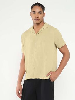 SHOWOFFFF - Mens Yellow Cuban Collar Relaxed Fit Textured Shirt
