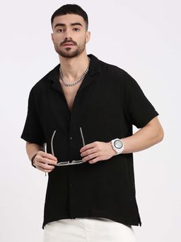 SHOWOFFFF - Mens Black Cuban Collar Relaxed Fit Textured Shirt