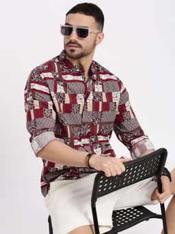SHOWOFF - Mens Maroon Printed Slim Fit Shirt