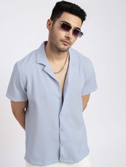 SHOWOFFFF - Mens Blue Cuban Collar Relaxed Fit Self Design Shirt