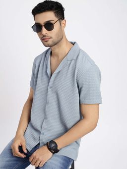 SHOWOFFFF - Mens Blue Cuban Collar Relaxed Fit Self Design Shirt