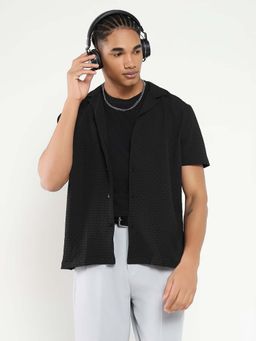 SHOWOFF - Mens Black Cuban Collar Relaxed Fit Self Design Shirt