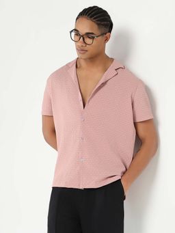 SHOWOFF - Mens Pink Cuban Collar Relaxed Fit Self Design Shirt