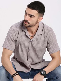 SHOWOFF - Mens Lavender Cuban Collar Relaxed Fit Self Design Shirt