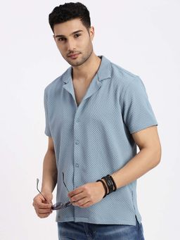 SHOWOFFFF - Mens Blue Cuban Collar Relaxed Fit Self Design Shirt