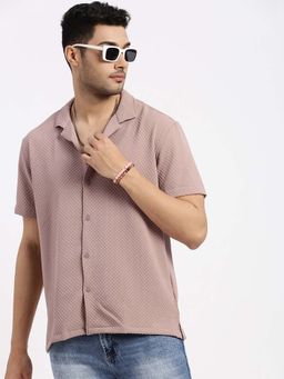 SHOWOFF - Mens Mauve Cuban Collar Relaxed Fit Self Design Shirt