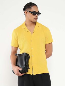 SHOWOFFFF - Mens Yellow Cuban Collar Relaxed Fit Self Design Shirt