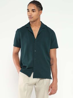 SHOWOFFFF - Mens Teal Cuban Collar Relaxed Fit Self Design Shirt