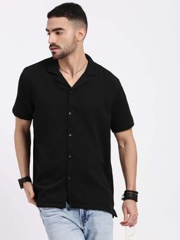 SHOWOFF - Mens Black Cuban Collar Relaxed Fit Self Design Shirt