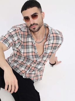 SHOWOFFFF - Mens Peach Checked Slim Fit Shirt