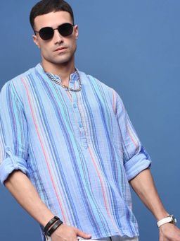 SHOWOFF - Men's Blue Striped Slim Fit Casual Kurta