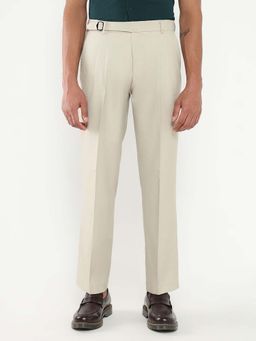 SHOWOFFFF - Mens Cream Solid Pleated Formal Trousers
