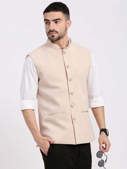 SHOWOFF - Mens Beige Woven Design Slim Fit Nehru Jacket