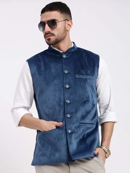 SHOWOFF - Mens Navy Blue Velvet Solid Slim Fit Nehru Jacket