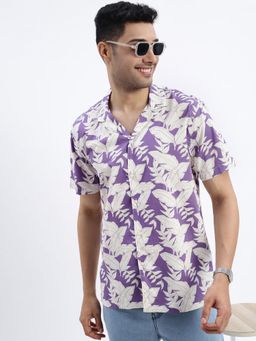 SHOWOFF - Purple Floral Cuban Collar Relaxed Fit Shirt