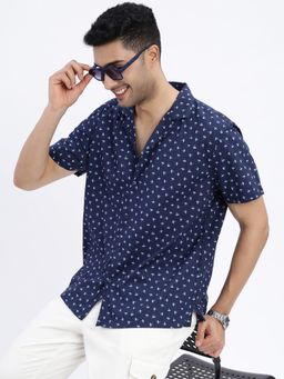 SHOWOFF - Navy Blue Micro Ditsy Cuban Collar Relaxed Fit Shirt