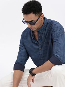 SHOWOFF - Navy Blue Checked Slim Fit Shirt