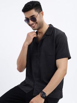 SHOWOFFFF - Black Textured Cuban Collar Relaxed Fit Shirt