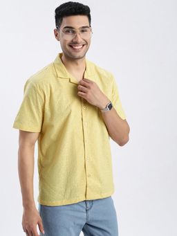 SHOWOFFFF - Yellow Embroidered Cuban Collar Relaxed Fit Shirt