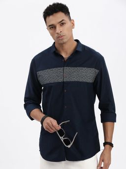 SHOWOFF - Navy Blue Solid Slim Fit Shirt