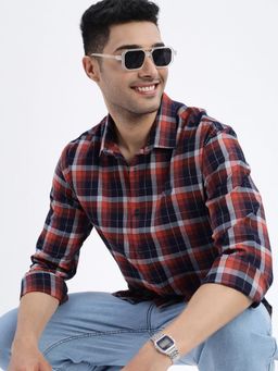 SHOWOFF - Navy Blue Checked Slim Fit Shirt