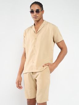SHOWOFF - Men Beige Cuban Collar Solid Co-Ord (Set of 2)