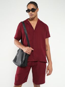 SHOWOFF - Men Maroon Cuban Collar Solid Co-Ord (Set of 2)