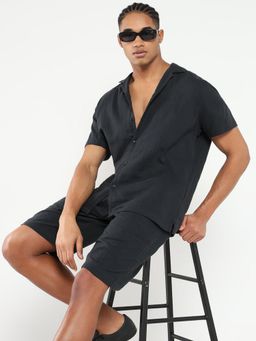 SHOWOFF - Men Charcoal Cuban Collar Solid Co-Ord (Set of 2)