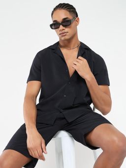 SHOWOFF - Men Navy Blue Cuban Collar Solid Co-Ord (Set of 2)