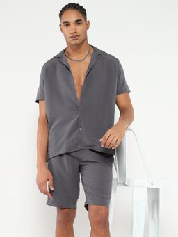 SHOWOFF - Men Grey Cuban Collar Solid Co-Ord (Set of 2)